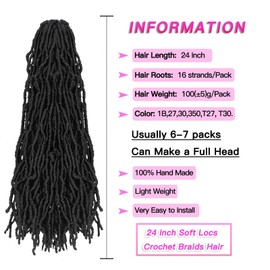 24Inch 7Packs Extended Faux Locs Crochet Hair Black Soft Locs Crochet Braids Distressed Natural Locs Pre Looped Synthetic Hair (24 Inch, 7Packs, 1B)