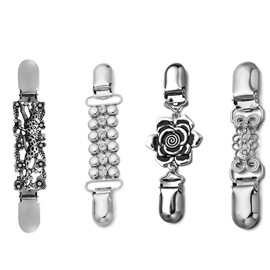Pack of 4 Vintage Pullover Chain Retro Cardigan Collar Clips Silver Scarf Clip with Flowers Rhinestone Shirt Brooch Clips Unisex Elegant Cardigan Clips for Scarves, Cardigans, Jumpers, Shirts, Zinc