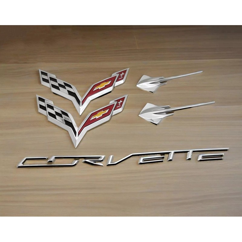 GM 5PC Chrome Front Rear Stingray Cross Flags Emblem Kit