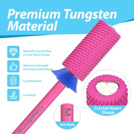 MagiBling Pink Blossom Large Barrel Tungsten Carbide Nail Drill Bits, Heart Shape Crystal Top, 3/32'' Safety Cross Cut Bit, Left Right Hand Use, Cuticle Gel Polishing, Remove Gel fast, Medium.