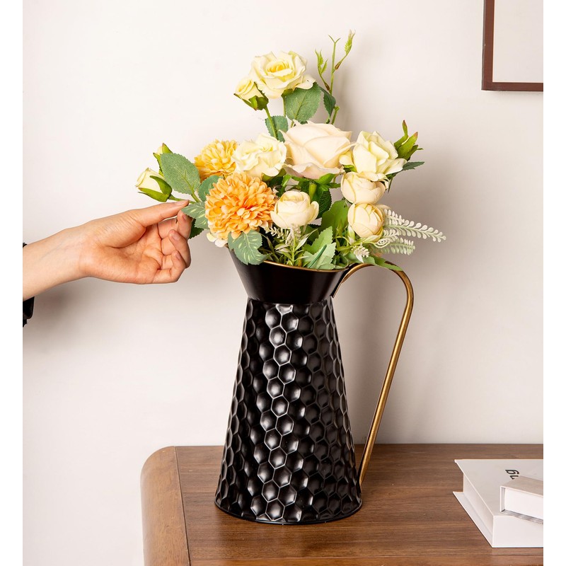 Elegant Black Metal Pitcher Vase, Farmhouse Galvanized Flower Vase, Rustic