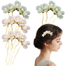 4 PCS Jade Flower Hair Comb Vintage Flower Hair Fork Green and White Hair Fork Classical Hair Stick Pearl Jade Flower Hair Side Combs Chinese Hair Stick Decorative Hair Accessories for Women Girls