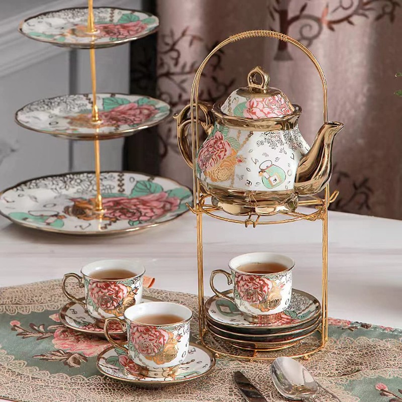 CHANJOON tea sets Gold Plated Red Rose Ceramic Tea Set,
