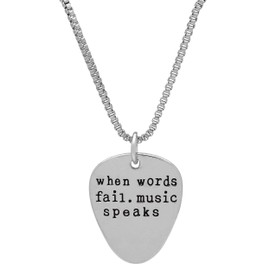Art Attack When Words Fail Music Speaks Chain Necklace, Electric Guitar Pick Rock N Roll Love Metal Pendant Charm (Silver)