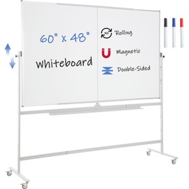 FORTUNO Large Magnetic Mobile Whiteboard 60"x48", Rolling Double Sided Stand Whiteboard on Wheels, Reversible Adjustable Height/Angle Dry Erase Board 5' x 4' Easel White Board for Office Classroom