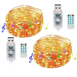 Dreamworth 2 Pack 12 Modes Sound Activated Music String Lights,USB Powered 33Ft 100 LED Silver Wire Fairy Lights with Remote Timer for Bedroom Wedding Party Festival(Warm White)