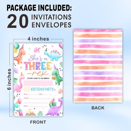 Watercolor Dinosaur Birthday Invitation- Cute Colourful Dino,Girl Three Rex Party- 20 Double-Sided Fill In Style Invitation Cards With Envelopes For Girls Teens- Party Favor & Decorations- C07