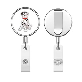 Little Dalmatian Dog Cartoon Round ID Badge Key Card Tag Holder Badge Retractable Reel Badge Holder with Belt Clip