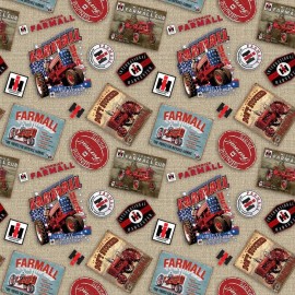Sykel Enterprises Cotton Farmall Tractor Logos Burlap Cotton Fabric Print by the Yard D367.63