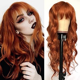 QD-Tizer Ginger Orange Color Loose Wave Hair Replacement Wigs for Fashion Women Heat Resistant Synthetic No Lace Wigs with Full Bangs