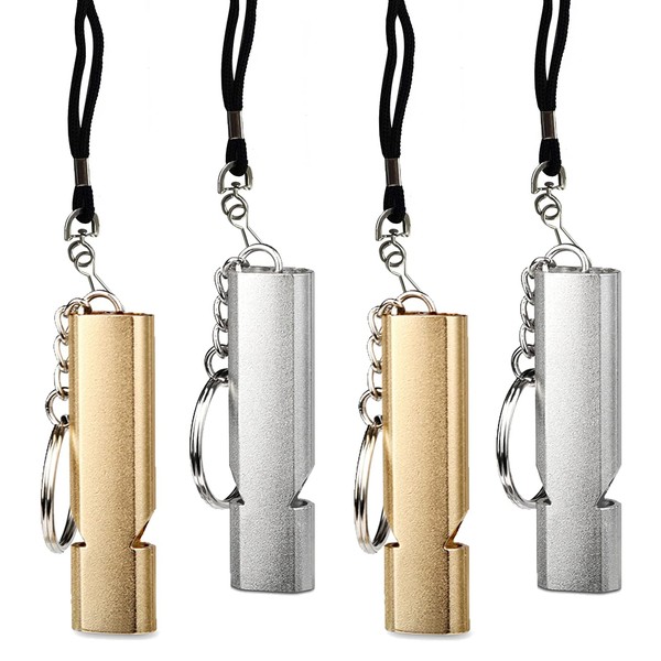 DEEDPF 4 Survival Whistles with Keychain and Lanyard - Aluminum Alloy Double Tube High Decibel Rescue Travel Sports Pet Training