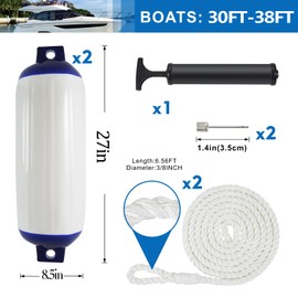 2-Pack Heavy Duty Boat Fenders with Ropes – Saltwater Resistant Rubber Marine Boat Bumpers for Docking, Pontoon & Yacht Protection