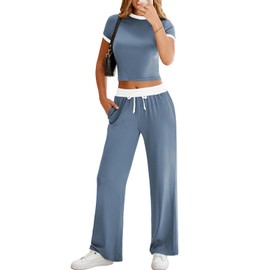 Pink Queen Matching Sets Women Clothing Short Sleeve Top Drawstring Pants with Pockets Trendy Color Block Sweatsuit Tracksuits Fall Outfits Haze Blue XL