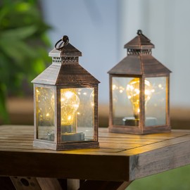 Evergreen Garden Outdoor Décor 8.5" H Battery Operated Twinkling Light Bulb Lantern, Brushed Bronze; Set of 2 for Homes Gardens Yards Lawn and Patio