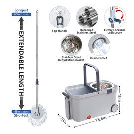 KZKR Spin Mop and Bucket with Wringer Set on Wheels, 180° Spinning Mop Bucket System with 6 Washable Microfiber Replacement Mop Pad Heads Refill, Adjustable Handle for Floor Cleaning Home