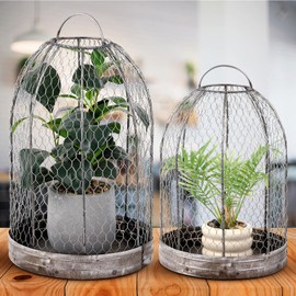 Briwooody 2 Pack Rustic French Wire Mesh Cloche with Base 17'' 20'' Garden Cloches for Plants Large Plant Protection Guards Cover Keep Small Animals Out