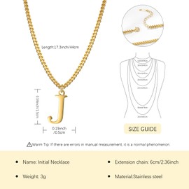 14K Gold Plated Initial Necklaces for Men Women - Gold Stainless Steel Letter Necklaces - Alphabet J Pendant Wide Cuban Chain Necklaces Jewellery Gifts