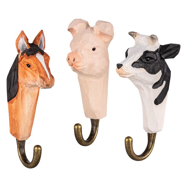 your castle 3 Wall Hooks Wooden Coat Hooks Farmyard Horse, Cow and Pig with Metal Hooks Handmade 12 cm