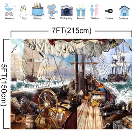 TYOOFD Pirate Ship Backdrop for Party Vintage Wooden Battleship Sailing Ship Nautical Photography Background Kids Child Treasure Hunt Piracy Party Decor Banner Portrait Studio Props 7x5ft BJDJFD0054