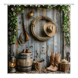 YOZSLGU Western Cowboy Shower Curtain West Cowboy Hat Boots Rustic Barn Farmhouse Wooden Board Vintage Hunting Fabric Bathroom Decor Curtains with Hooks, 70" Wx70 H