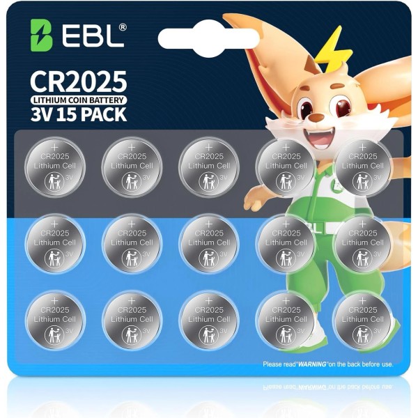 EBL CR2025 Battery 3V Lithium Coin Cell Batteries 15 Pack