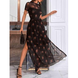 GothDark Women's Mesh Dress Short Sleeve Round Collar Floral Print Waist-Cinched Maxi Fall Casual Dress