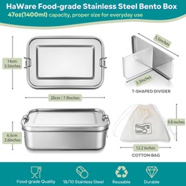 HaWare Stainless Steel Bento Box, 47oz (1400ml) Leak-Proof Lunch Box for Kids Adults, 3 Compartments Food Containers with Removable Dividers and Bag, Metal Lunch Containers for Snack Meal Sandwich