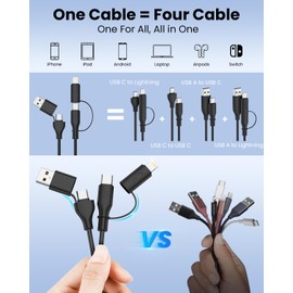 4-in-1 Multi USB Coiled Cable, PD 60W 3A Carplay Charging Cable, Retractable USB A/C to USB C/Lightning Charger Cord, Fast Charge & Data Sync for iPhones, iPads, Macbook, Galaxy, Note & More, 4FT/1.2M