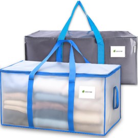 Pack of 2 Grey&Clear Heavy Duty Extra Large Moving Bags with Zipper Handles, Reusable Foldable Storage Bags for Clothes, Laundry, Camping Gear, Toy & Blanket Storage, Waterproof Space Saving Organiser