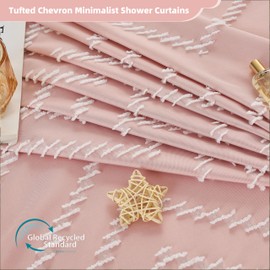 Siiluminisoy Extra Long Pink Boho Shower Curtain with White Tassel, Woven Fabric 96 in Curtain, Tufted Chevron Striped, 72x96, Modern Chic Textured Minimalist Cute for Bathroom