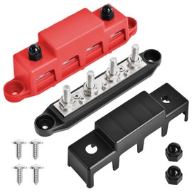 Bolipoeq Power Distribution Block 250A 12V Bus Bar 4 x 5/16"(M8) Studs for Automotive Marine Car Audio, 12 Volt Battery Busbar Terminal Block with Waterproof Cover (Pack of 2, Positive & Negative)
