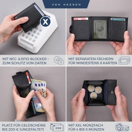 VON HEESEN Money Clip, Black carbon, XXL coin compartment