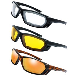 3 Pairs Motorcycle Riding Glasses Padded Frame Lens Block 100% UVB for Outdoor Activity Sport (8-Matte Black/Tortoise, Clear, Yellow, & Red Mirror)