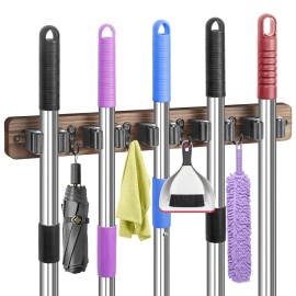 Imillet Broom Holder Wall Mount, Rustic Wood Broom Hanger with 5 Racks and 4 Hooks, L...