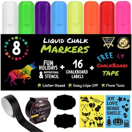 Chalk Markers by Vaci, Pack of 8 + Chalkboard Tape, Christmas Drawing Stencils and 16 Labels, Liquid Chalkboard Neon Pens, Signs, Windows, Blackboard, Bullet or Chisel Reversible Tips