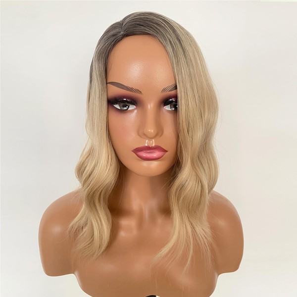 HEPAEA 12 Inch Wavy Wigs Side Parting Ombre Blonde Heat