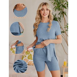 Ekouaer Maternity Sets 2 Piece Outfits Ribbed Knit Short Sleeve Shirts and Biker Shorts Pregnancy Loungewear Mama Clothes Blue L