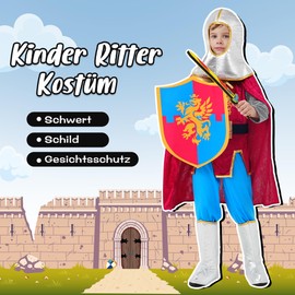 Funnlot Funnlot Ritter Kostüm Kinder, Faschingskostüme Kinder Jungen 7Pcs Set Ritter Karneval Kostüm Kinder Mittelalter Ritterkostüm für Karneval Fasching L(7-8 Jahre)