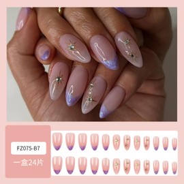 24Pcs Purple French Press on Nails Medium Almond Fake Nails with 3D Starburst Designs Stick on Nails Medium French False Nails Summer Acrylic Nails Almond Glue on Nails for Women Nail Decor Supplies