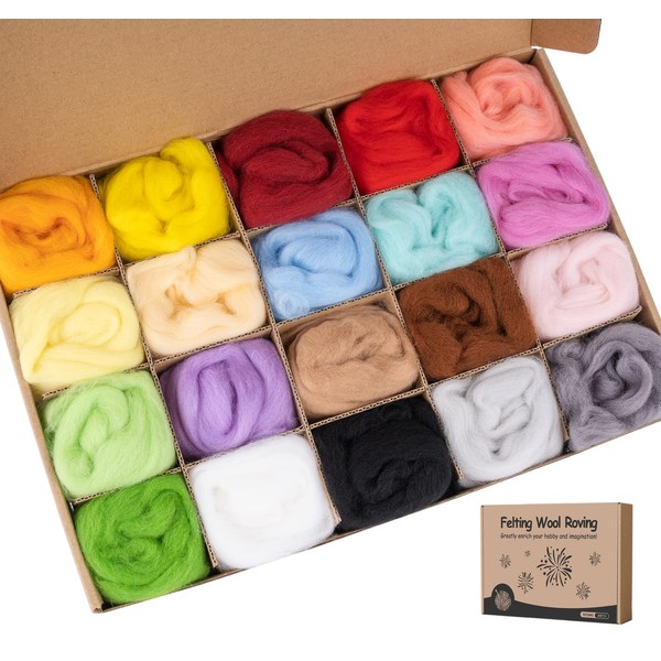 Lemonfilter Needle Felting Wool, 20 Colors Wool Roving Set, Handmade Wool Roving for Hand Spinning, 200g Fiber Wool Yarn Roving Needle Felting Supplies for DIY, Arts and Craft Repairs Activity