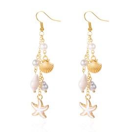 Sea Star Shell Pearl Earrings for Women Summer Beach Vacation Outfits Dainty Bohemia Beachy Shells Pendant Earring Starfish Fashion Jewelry Present (White)