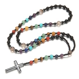7 Chakra Necklace, Rosary for Men, Cross Necklace Long Mala Natural Stone Meditation Necklace Yoga Buddhist Rosary Prayer Cross Charm Beaded Necklace (J)