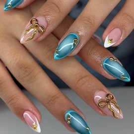 Press on Nails Medium White French Tip Fake Nails with 3D Gold Bow Rhinestone Design Stick on Nails Glossy Reusable Artificial Acrylic Full Cover False Nails for Women Manicure 24 Pcs (G-30, Nails-30)