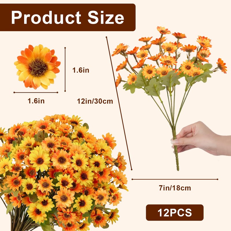 12 Bundles Artificial Fall Flowers, UV Resistant Faux Mums for