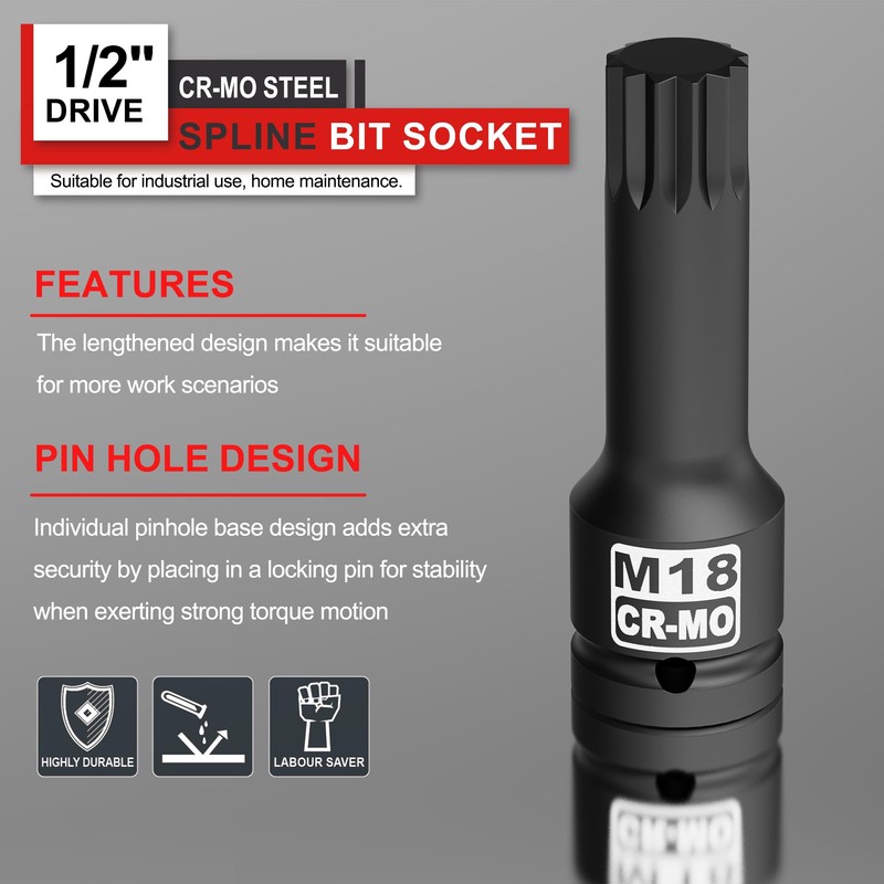 KIRXST Impact Triple Square Spline Bit Socket, 1/2" Drive M18