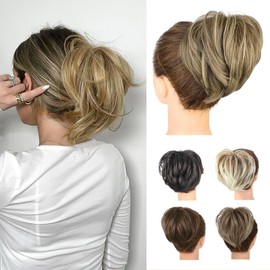 QGZ Tousled Updo Messy Hair Bun,Clip in Hair Chignon with Side Comb Natural Adjustable Versatile Synthetic Hair Scrunchies for Women Girls(1 PCS, Gloden Blonde mixed Ash Brown)