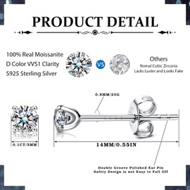Milacolato Moissanite Stud Earrings 0.1ct Brilliant Round Cut D Color VVS1 Clarity Lab Created Diamond Earrings Sterling Silver Moissanite Stud Earrings Tiny Moissanite Studs for Long Post Earrings Thick Earlobes 3MM