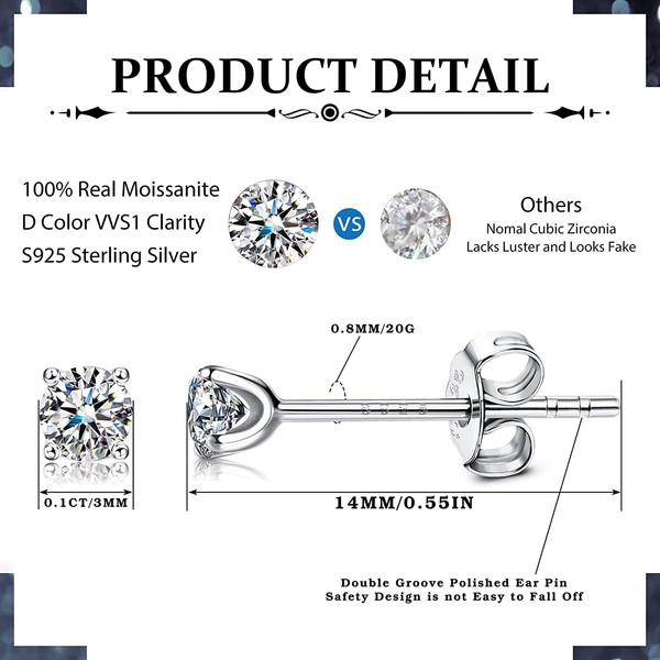 Milacolato Moissanite Stud Earrings 0.1ct Brilliant Round Cut D Color