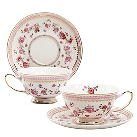 Gracie China by Coastline Imports Pink Rose Pink Border Porcelain Teacup And Saucer 7-Ounce (Set Of 2), Multicolor (35315PK-4/S2)