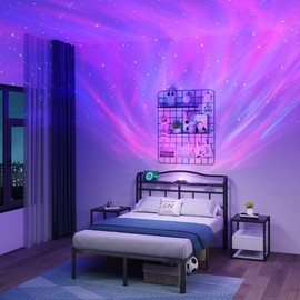 SHOANED Queen Size Metal Bed Frame - 14 Inch Heavy Duty Bedframe with Headboard & Charging Station Basic Steel Slats Platform with Galaxy Aurora Projector No Box Spring Needed, No Noise